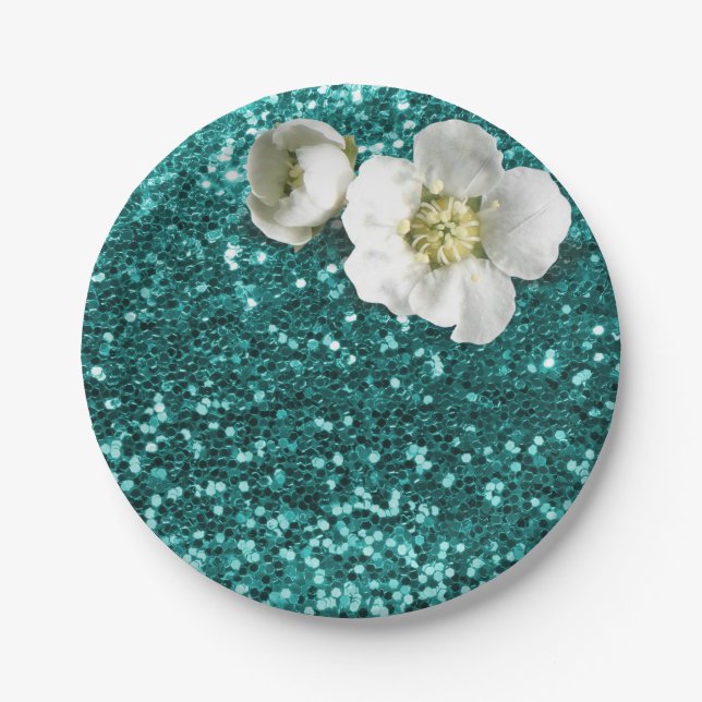 Aquatic Emerald Floral White Jasmine Glitter Paper Plate (Front)