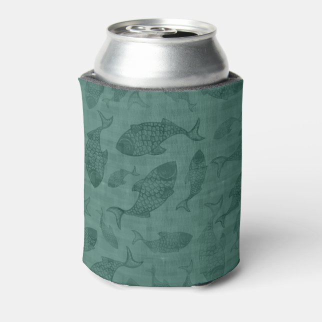 Aquatic Fish Stencil Art Teal Bokeh Pattern Can Cooler (Can Back)