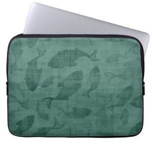Aquatic Fish Stencil Art Teal Bokeh Pattern Laptop Sleeve