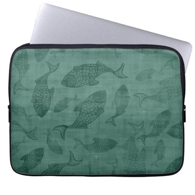 Aquatic Fish Stencil Art Teal Bokeh Pattern Laptop Sleeve (Front)