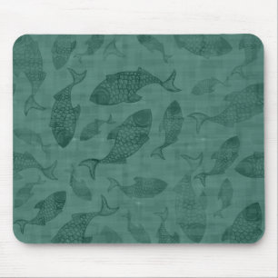 Aquatic Fish Stencil Art Teal Bokeh Pattern Mouse Mat