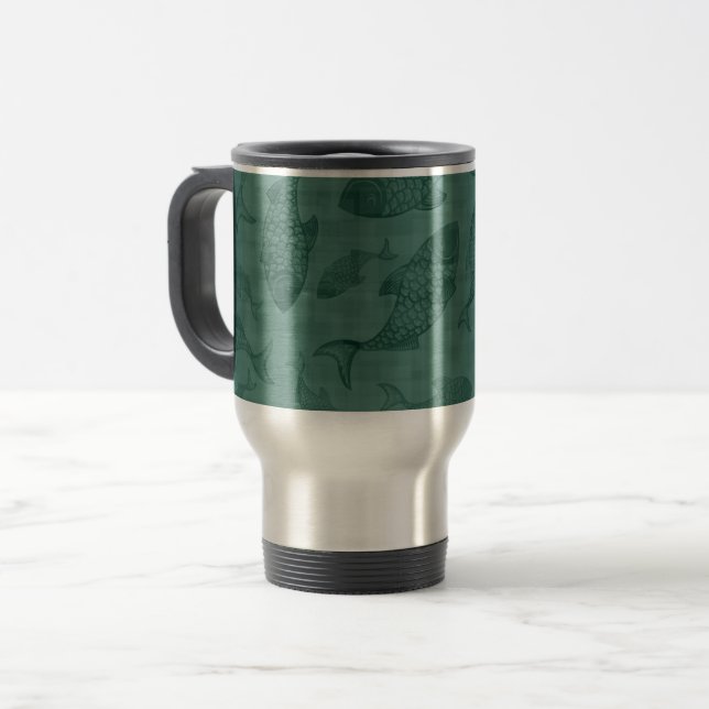 Aquatic Fish Stencil Art Teal Bokeh Pattern Travel Mug (Front Left)