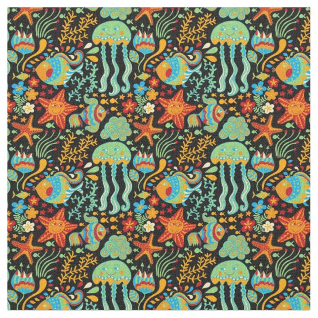 Aquatic Life Cartoon Style Fabric (Close Up)