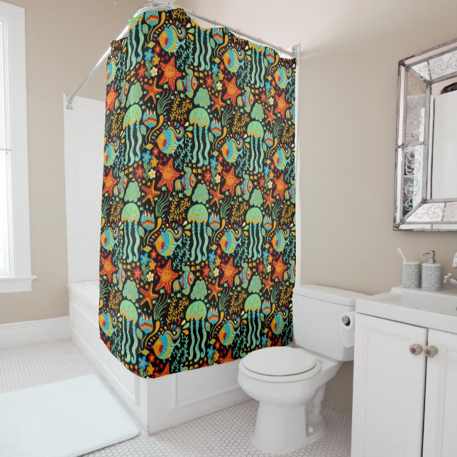 Aquatic Life Cartoon Style Shower Curtain (In Situ)