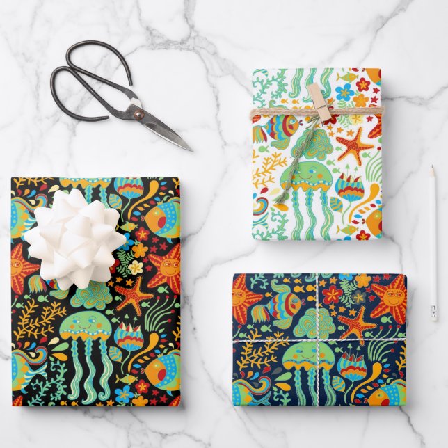 Aquatic Life Cartoon Style Wrapping Paper Sheet (Front)