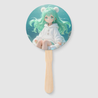 Aquatic Mint: Kawaii Undersea Girl & Shimmering Pe Hand Fan