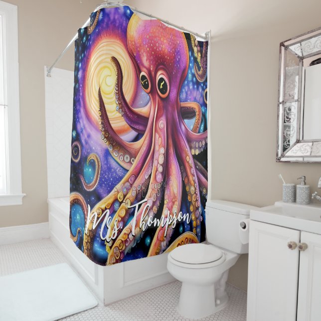 Aquatic Octopus Kraken Tentacles Personalised Name Shower Curtain (In Situ)