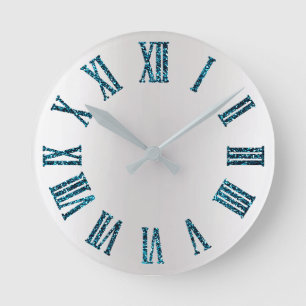 Aquatic Teal Glitter Gray Silver Minimal Metallic Round Clock