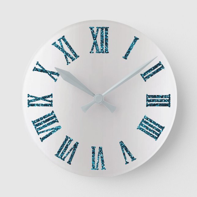 Aquatic Teal Glitter Grey Silver Minimal Metallic Round Clock (Front)
