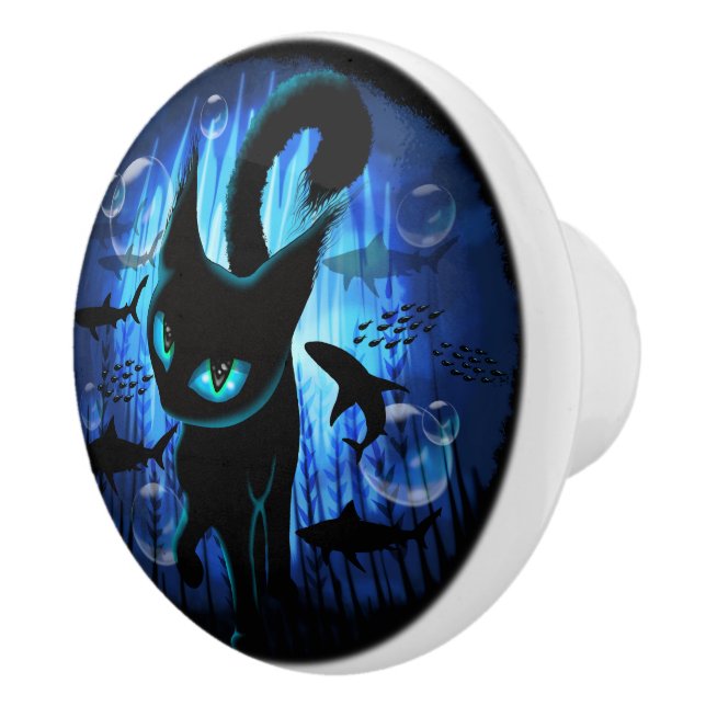 Aquaticat - Surreal Cat in Deep Ocean Fantasy Ceramic Knob (Right)