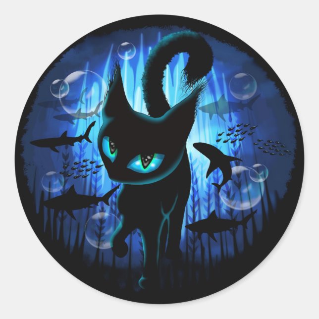Aquaticat - Surreal Cat in Deep Ocean Fantasy Classic Round Sticker (Front)