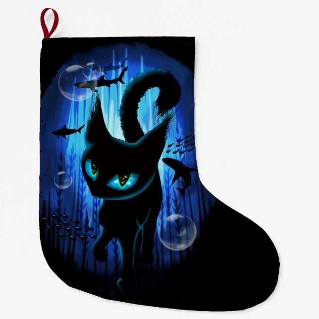 Aquaticat - Surreal Cat in Deep Ocean Fantasy Large Christmas Stocking (Front)
