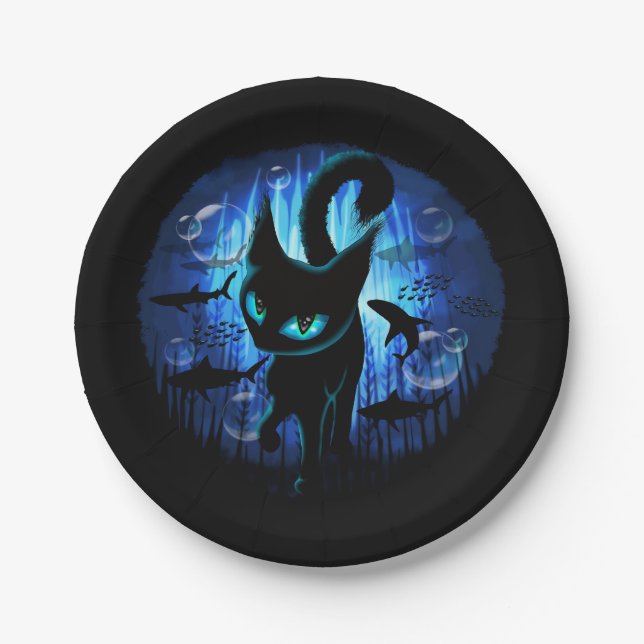 Aquaticat - Surreal Cat in Deep Ocean Fantasy Paper Plate (Front)