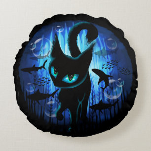Aquaticat - Surreal Cat in Deep Ocean Fantasy Round Cushion