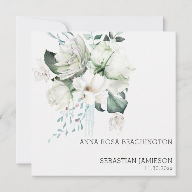 *~* AR15 - White Floral Bouquets - QR RSVP Wedding Invitation (Front)