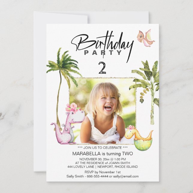 *~* AR21 Dragon Dinosaur 2 TWO Photo Dino Birthday Invitation (Front)