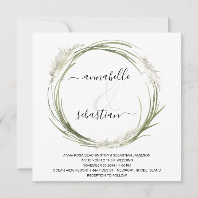 *~* AR21 QR RSVP Pampas Grass wreath WEDDING Invitation (Front)
