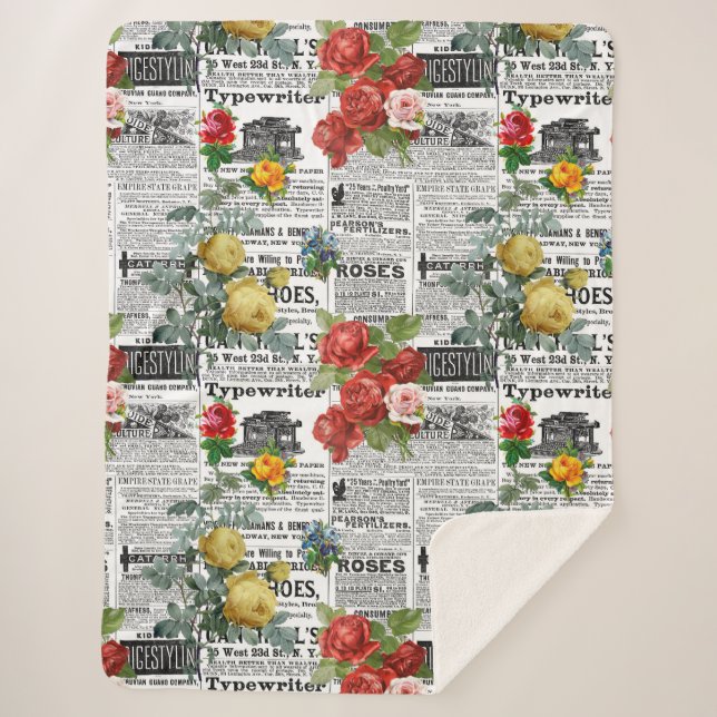 * AR23 Roses Floral Flower Vintage Newsprint Sherpa Blanket (Front)