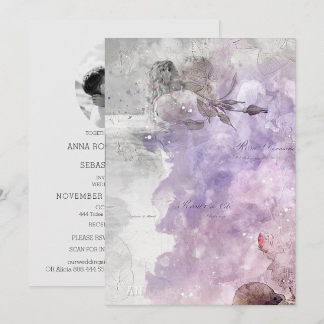 *~* AR26 Lavender QR Vintage RSVP PHOTO Wedding Invitation (Front/Back)