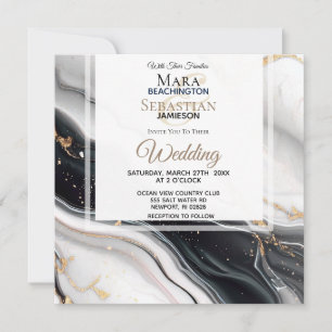 *~* AR66 RSVP White Black Gold Agate QR Wedding Invitation