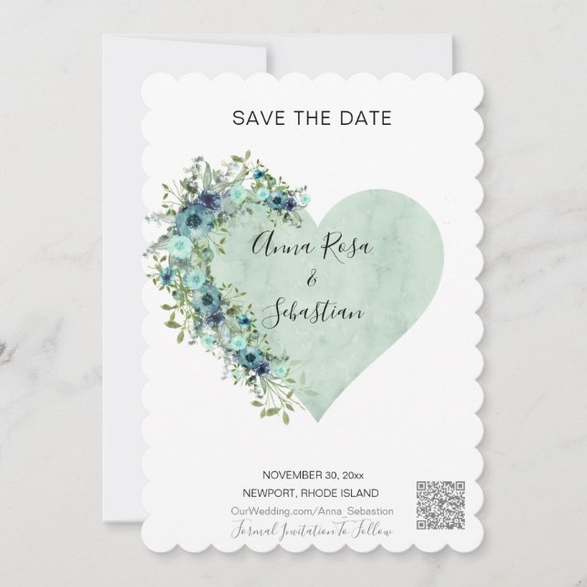 *~* AR6 Heart Floral Aqua QR WEDDING SAVE the DATE Invitation (Front)