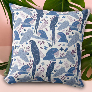 Ara Parrot Blue Drawing Tropical Leave Pattern Cushion
