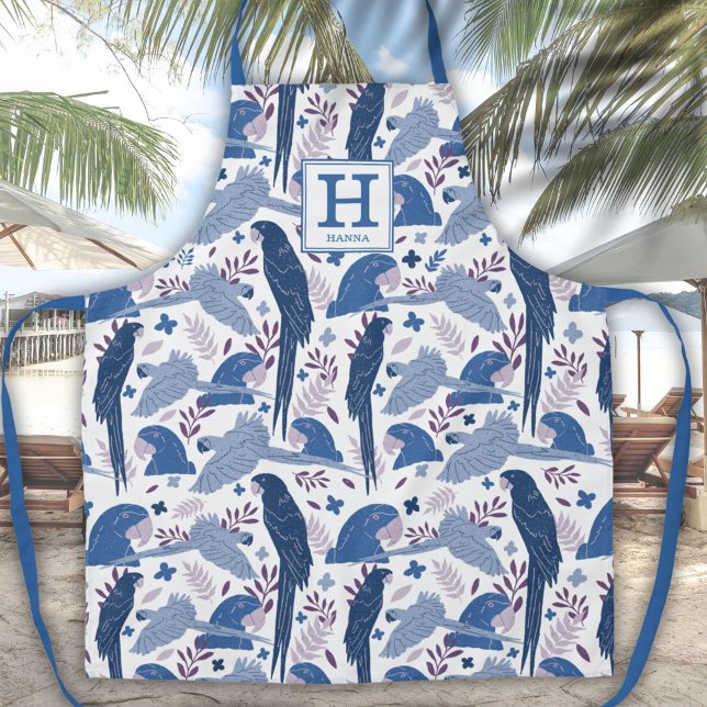 Ara Parrot Blue Tropical Leaf Pattern Monogram Apr Apron (Creator Uploaded)