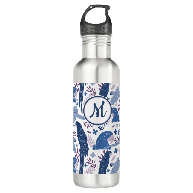 Ara Parrot Blue Tropical Leave Pattern Monogram  710 Ml Water Bottle (Front)