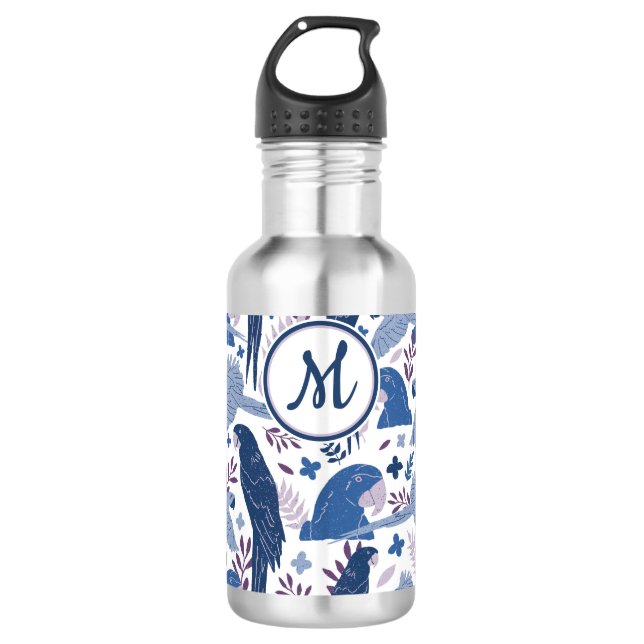 Ara Parrot Blue Tropical Leave Pattern Monogram  710 Ml Water Bottle (Front)