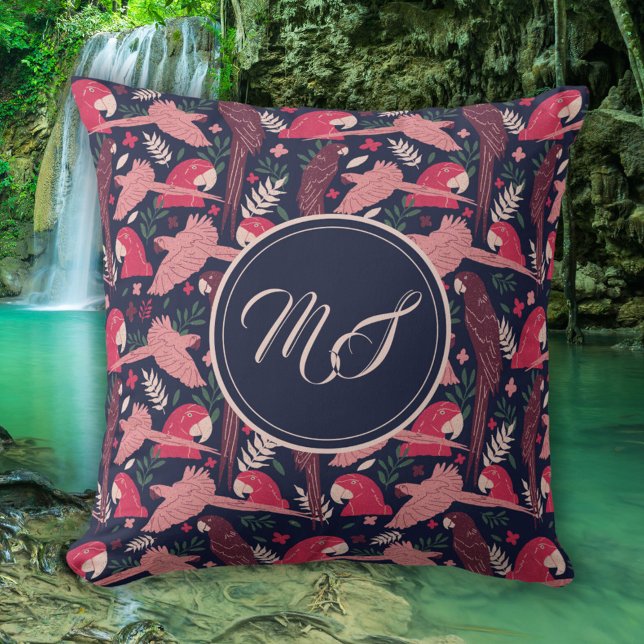 Ara Parrot Drawing Tropical Pattern Monogram Cushion (Creator Uploaded)