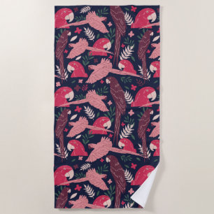 Ara Parrot Red Pink Drawing Tropical Leave Pattern Beach Towel