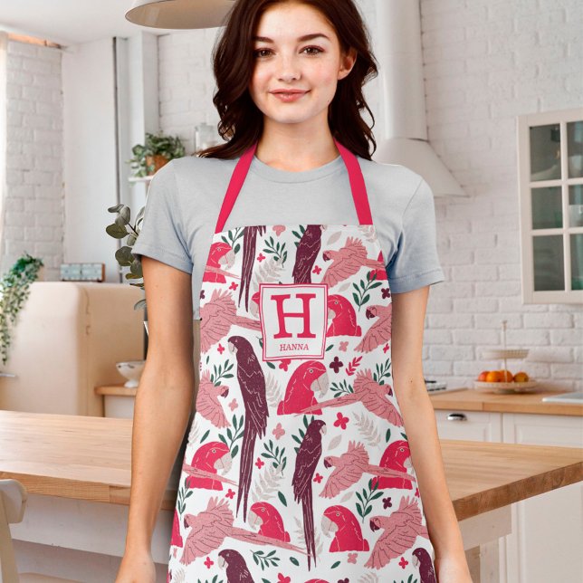 Ara Parrot Red Tropical Leaf Pattern Monogram Apron (Creator Uploaded)