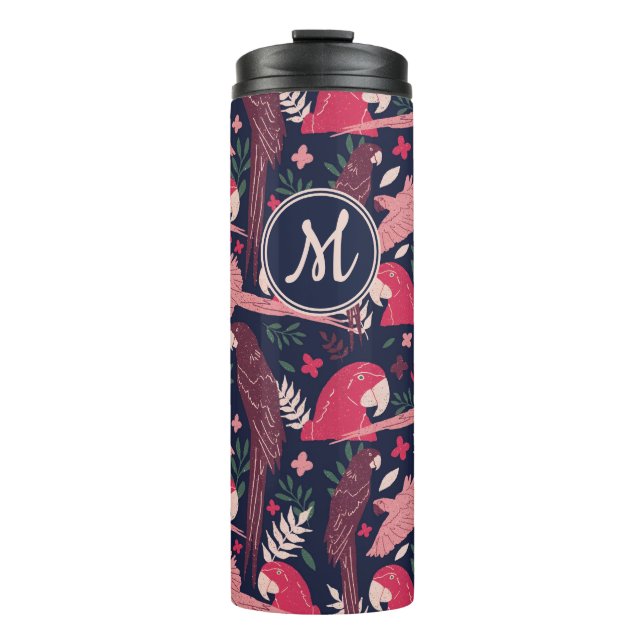 Ara Parrot Red Tropical Leave Pattern Monogram Thermal Tumbler (Front)