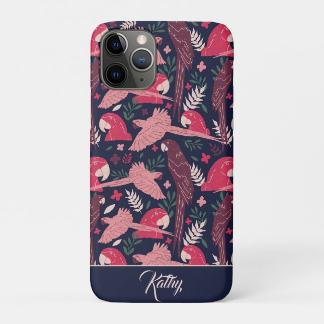 Ara Parrot Tropical Pattern Drawing Monogram Name Case-Mate iPhone Case (Back)