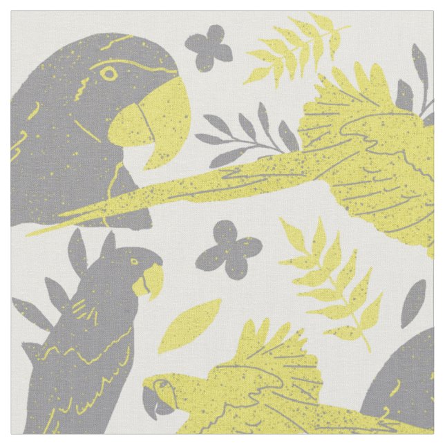 Ara Parrot Yellow Grey Tropical Leaf Pattern Fabric (Close Up)