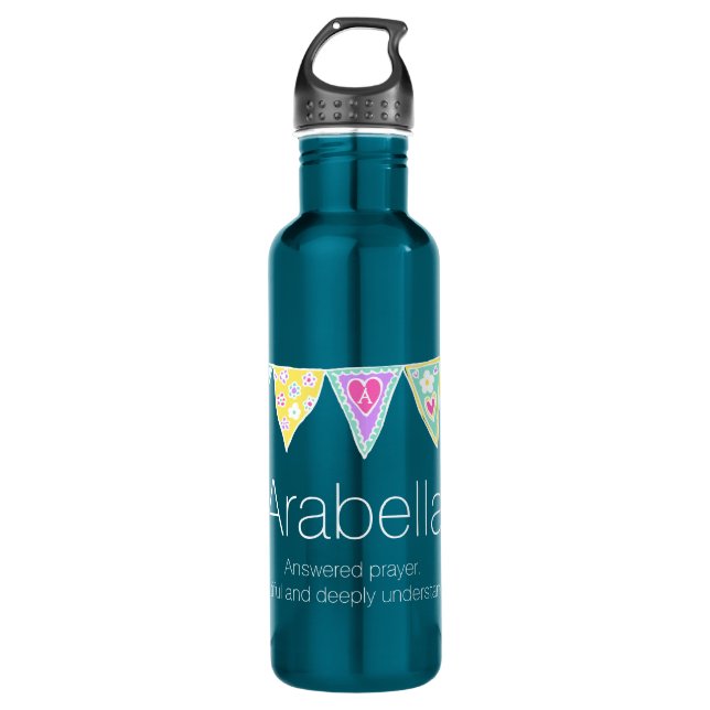 Arabella name meaning flag bunting 710 ml water bottle (Front)