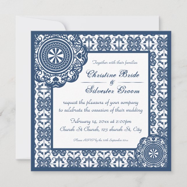 Arabesque Blue Lace, 5.25x5.25 wedding invite (Front)