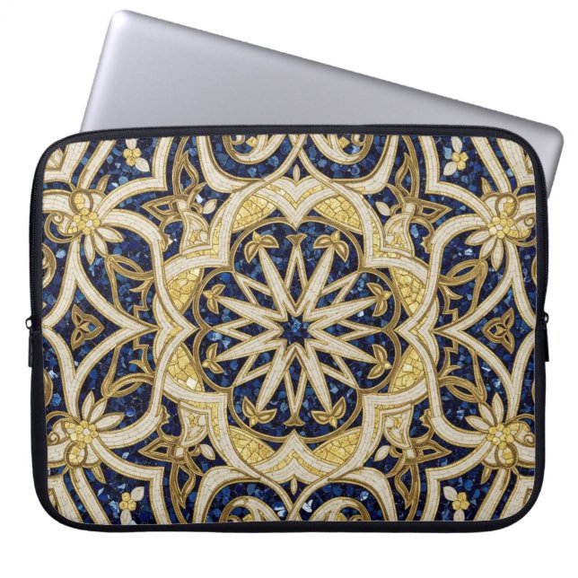 arabesque blue mosaic laptop sleeve (Front)