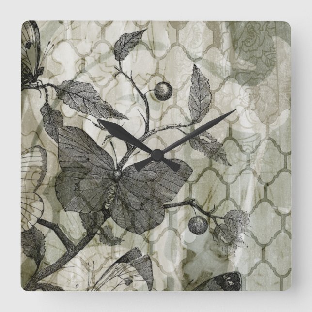 Arabesque Butterflies I Square Wall Clock (Front)