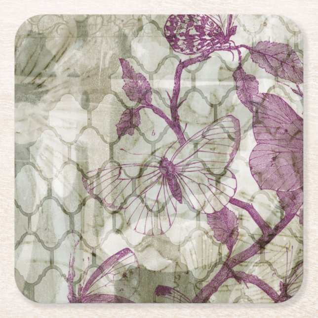 Arabesque Butterflies IV Square Paper Coaster (Front)