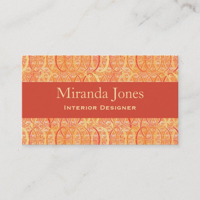 Arabesque Damask - Coral and Mandarin Orange Business Card (Front)
