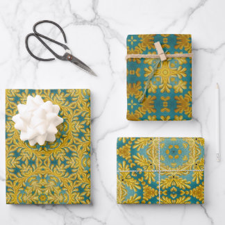 Arabesque design in yellow and turquoise set of 3  wrapping paper sheet