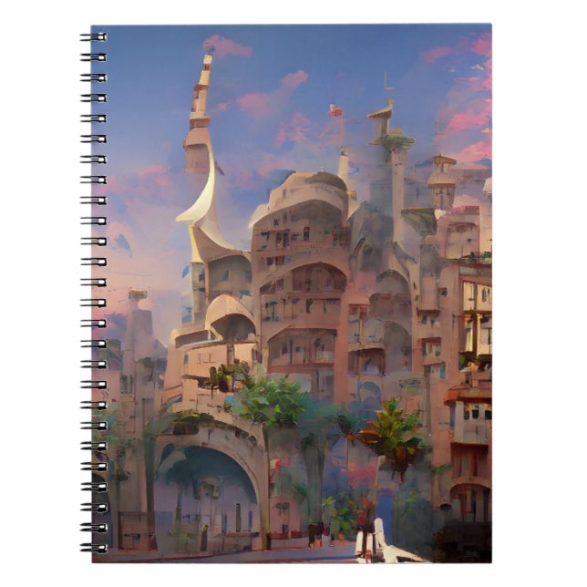 Arabesque fantasy dwellings palm trees digital art notebook (Front)
