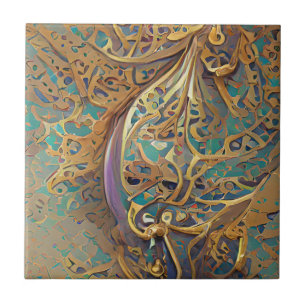 Arabesque gold turquoise geometric digital art tile