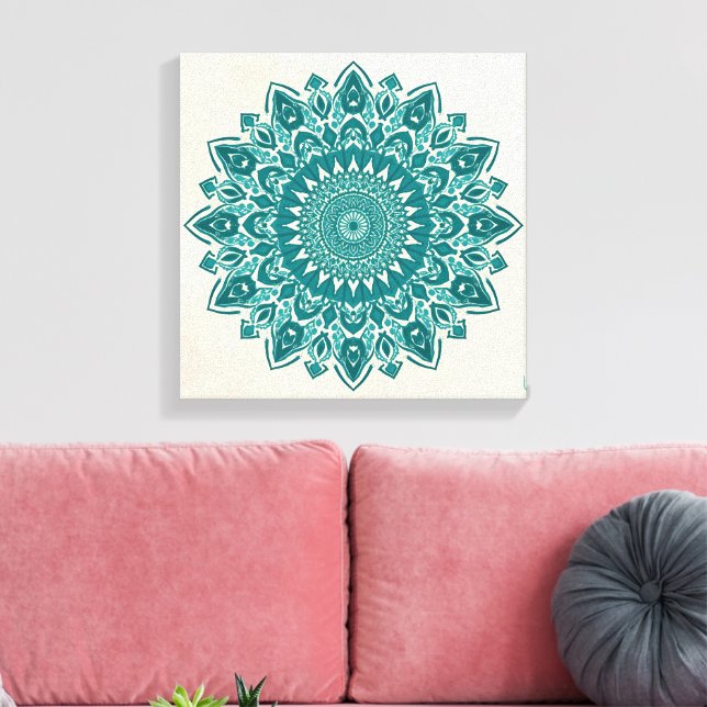 Arabesque Mandala Art – Teal & Turquoise Geometric Canvas Print (Insitu(LivingRoom))
