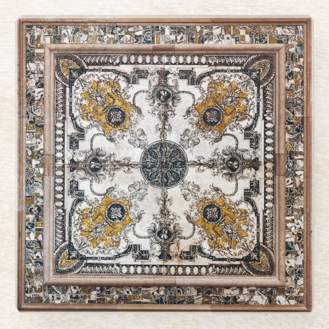 Arabesque Marble Texture Vintage Patchwork Glass Coaster (Front)