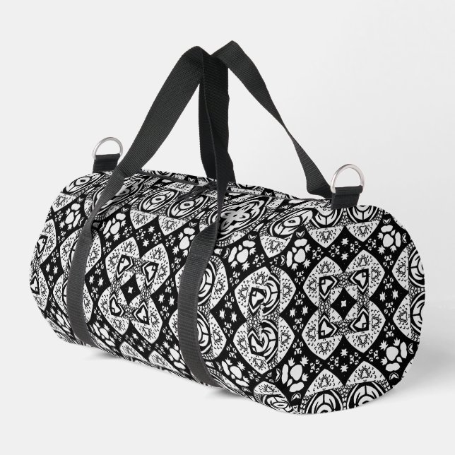 Arabesque Mosaic Tile Pattern Black and White Duffle Bag (Left Corner)