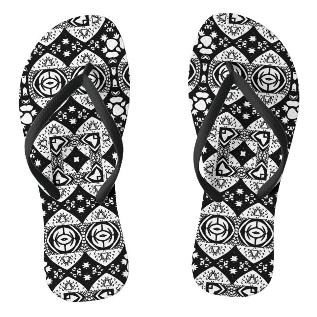 Arabesque Mosaic Tile Pattern Black and White   Flip Flops (Footbed)