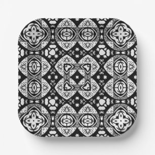 Arabesque Mosaic Tile Pattern Black and White Paper Plate
