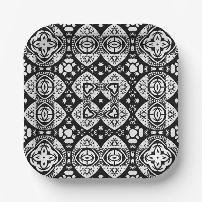 Arabesque Mosaic Tile Pattern Black and White Paper Plate (Front)
